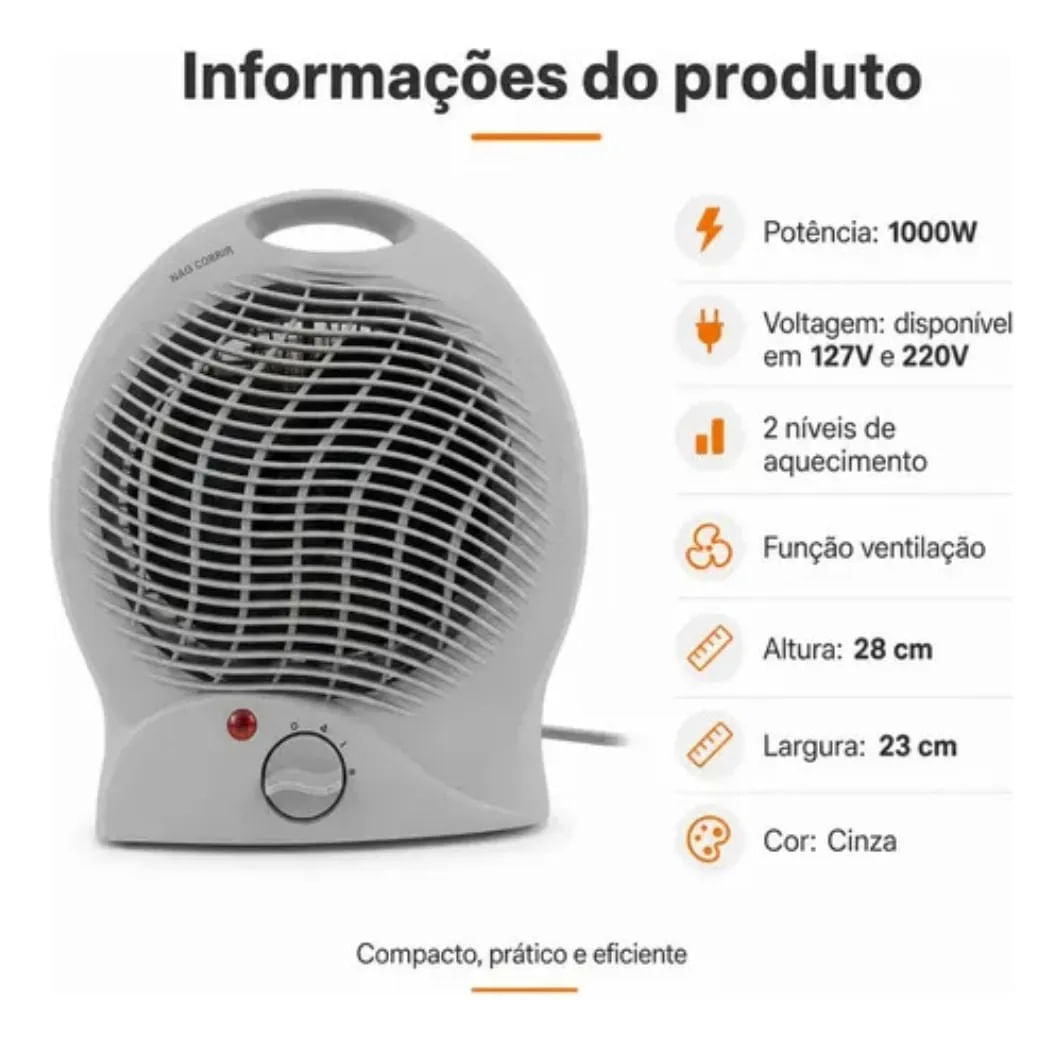 Aquecedor Elétrico Portátil 1000W com Ventilação Cinza 127V - Startools — foto 3