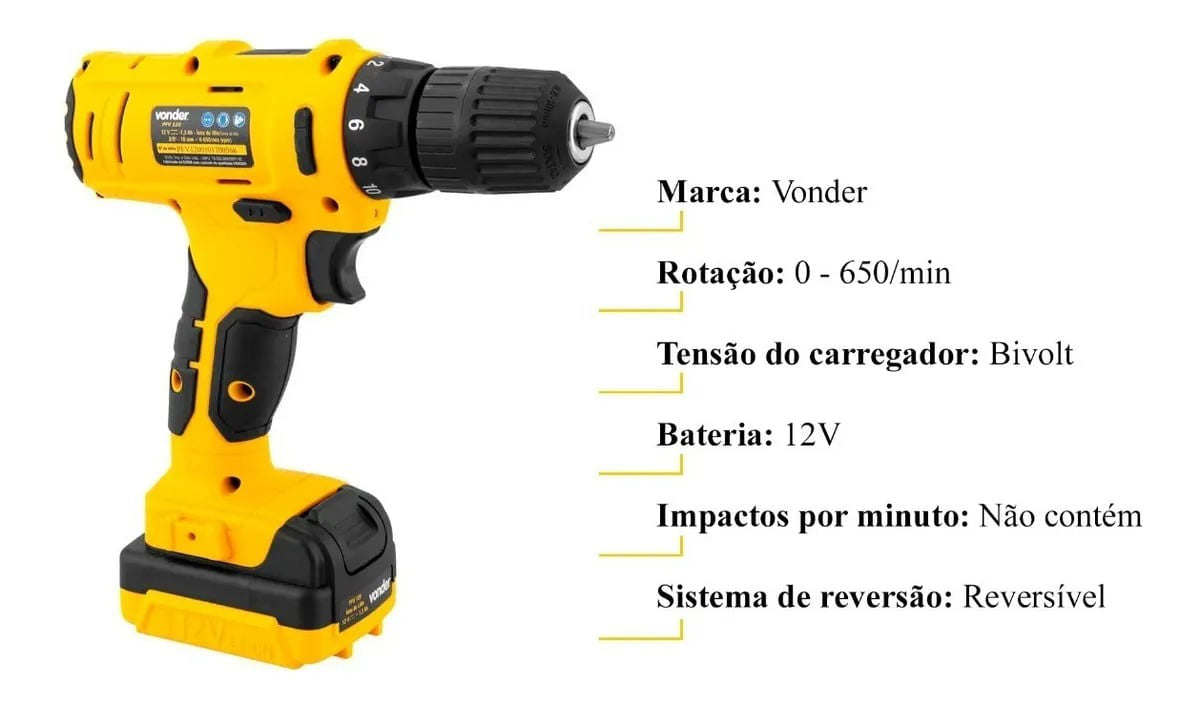 Parafusadeira e Furadeira a Bateria 12V PFV 120 com Maleta e Acessórios - Vonder — foto 7