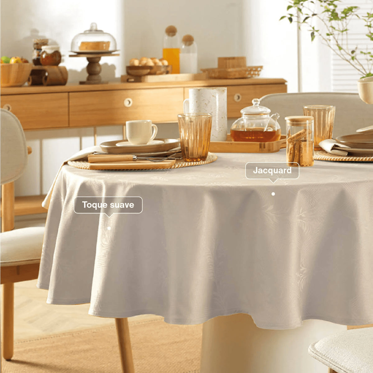 Toalha de Mesa Retangular 6 Lugares Jacquard Ramália Bege - Karsten - foto 3